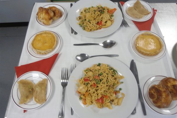 Chinese Dumplings, Singapore Noodles with Egg custard and Chinese bread rolls