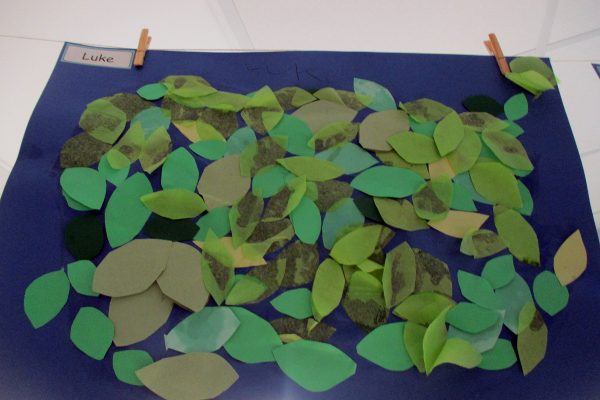 Luke enjoyed using paper leaves to create art.